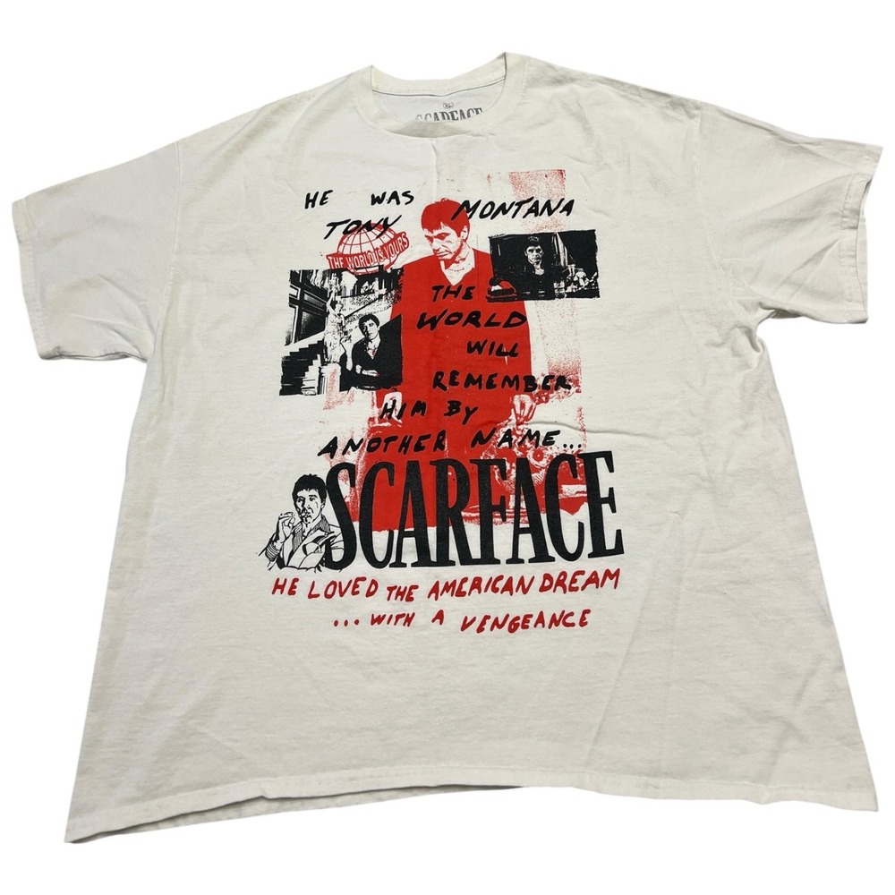Scarface Tony Montana White Graphic T-Shirt Men's Size XL Collage‎ Red Black